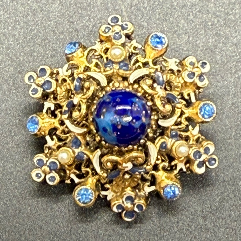 Austrian Made Blue & Gold Filigree Brooch-Vintage